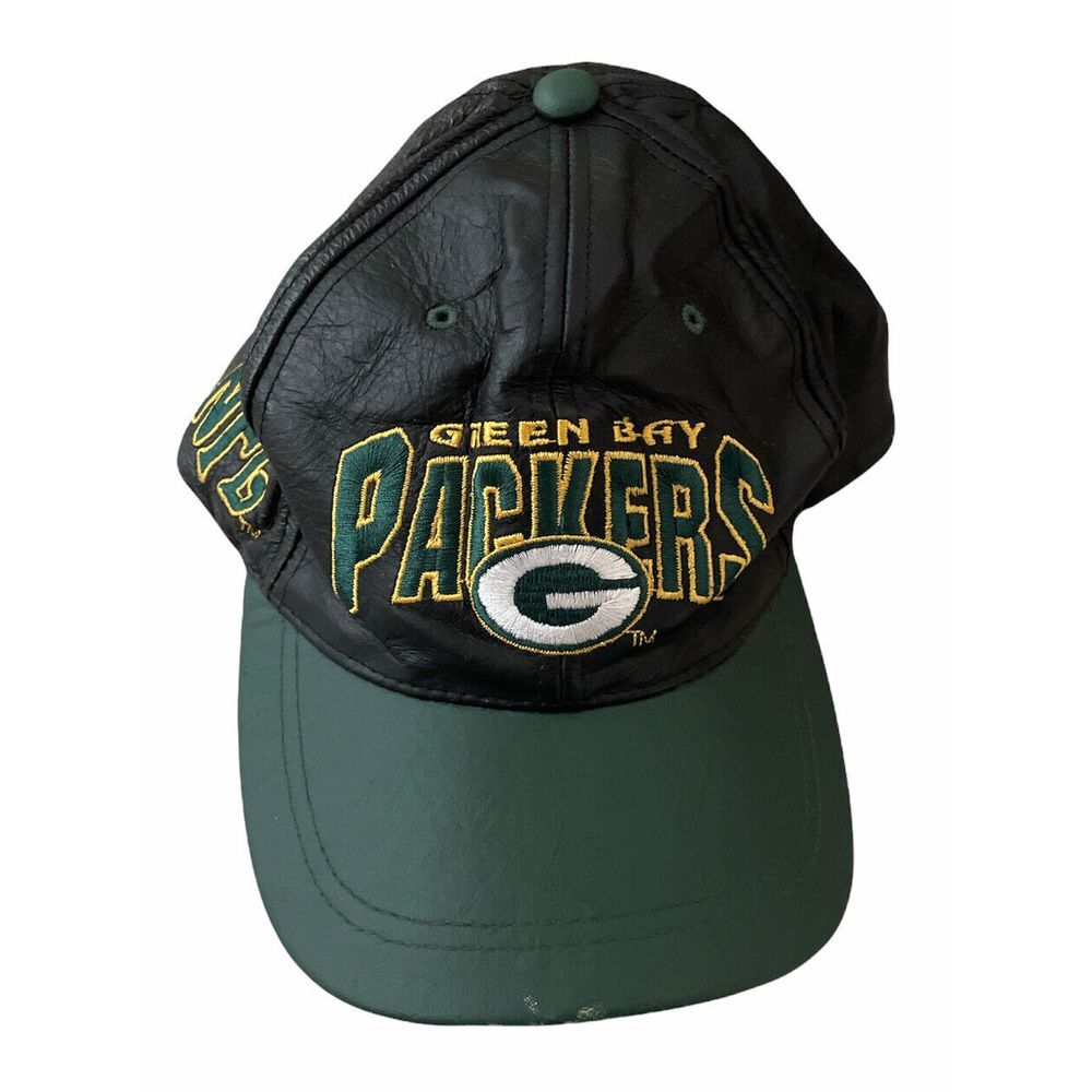 Vtg Green Bay Packers NFL Black/Green 100% Leather Adjustable Strapback Hat Cap‎